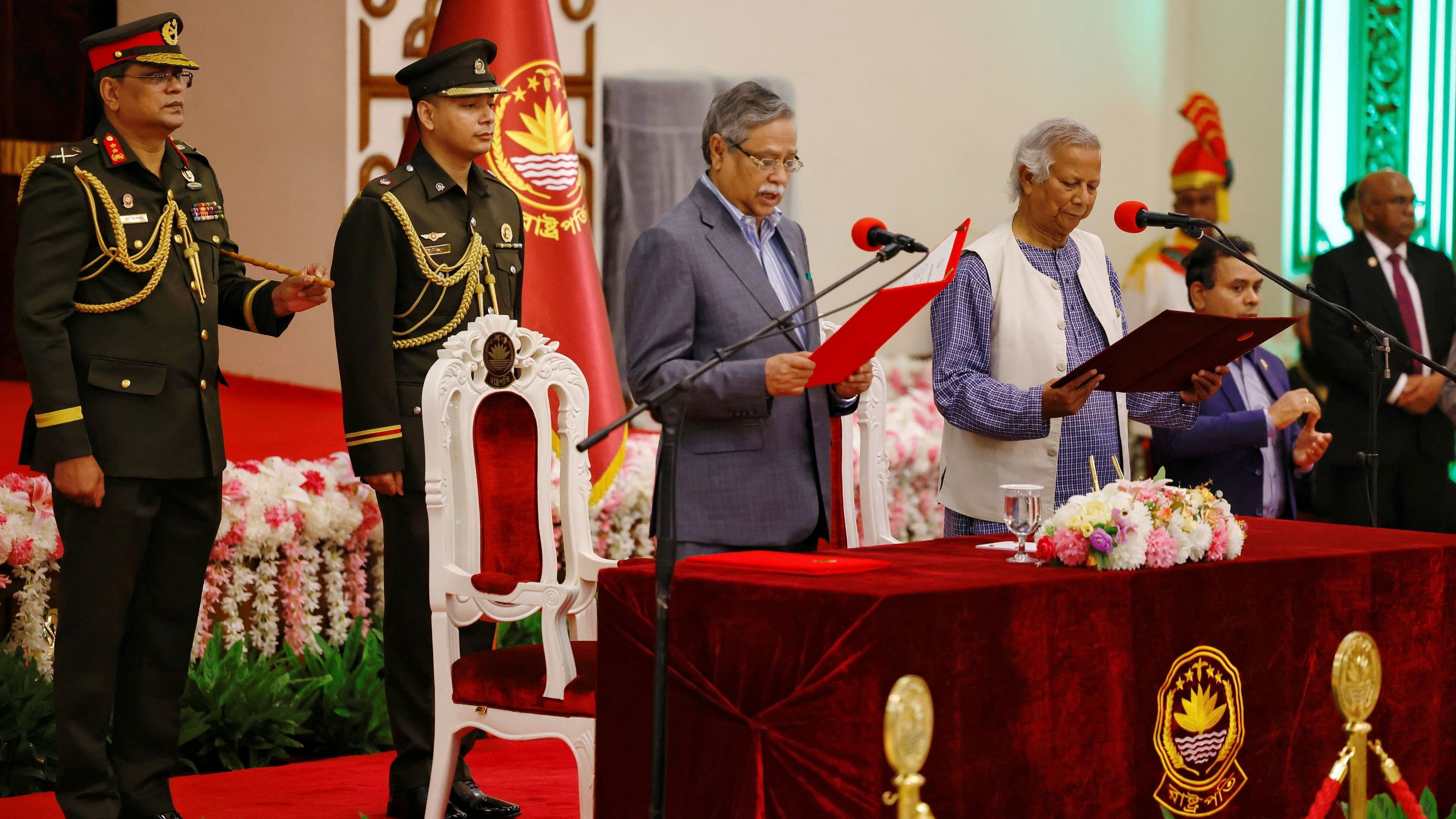 <div class="paragraphs"><p>Bangladeshi President Mohammed Shahabuddin administers the oath-taking ceremony of Nobel laureate Muhammad Yunus as the  head of the interim government in Bangladesh.</p></div>